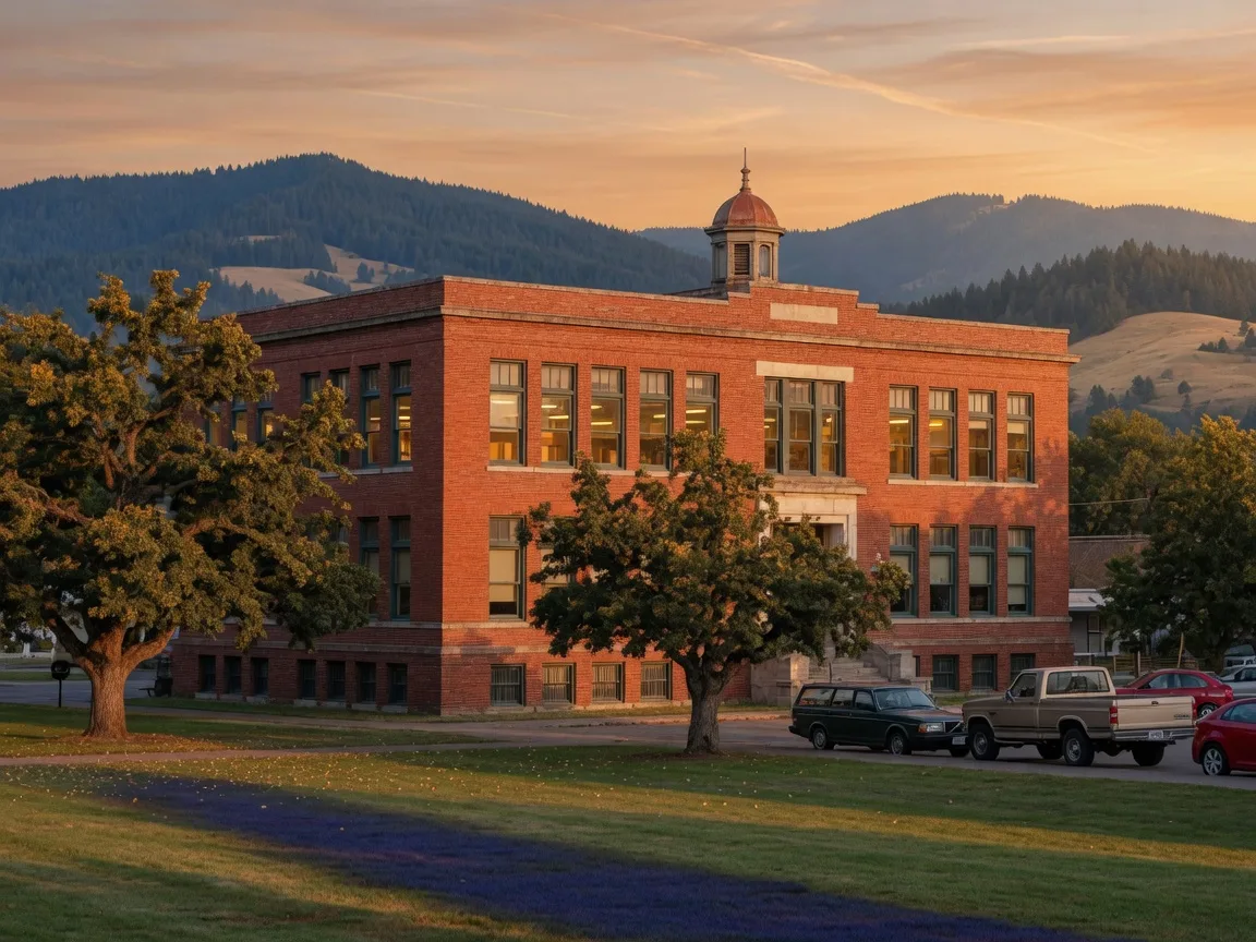 A classic two-story brick schoolhouse glowing warm at golden hour with blue hills behind