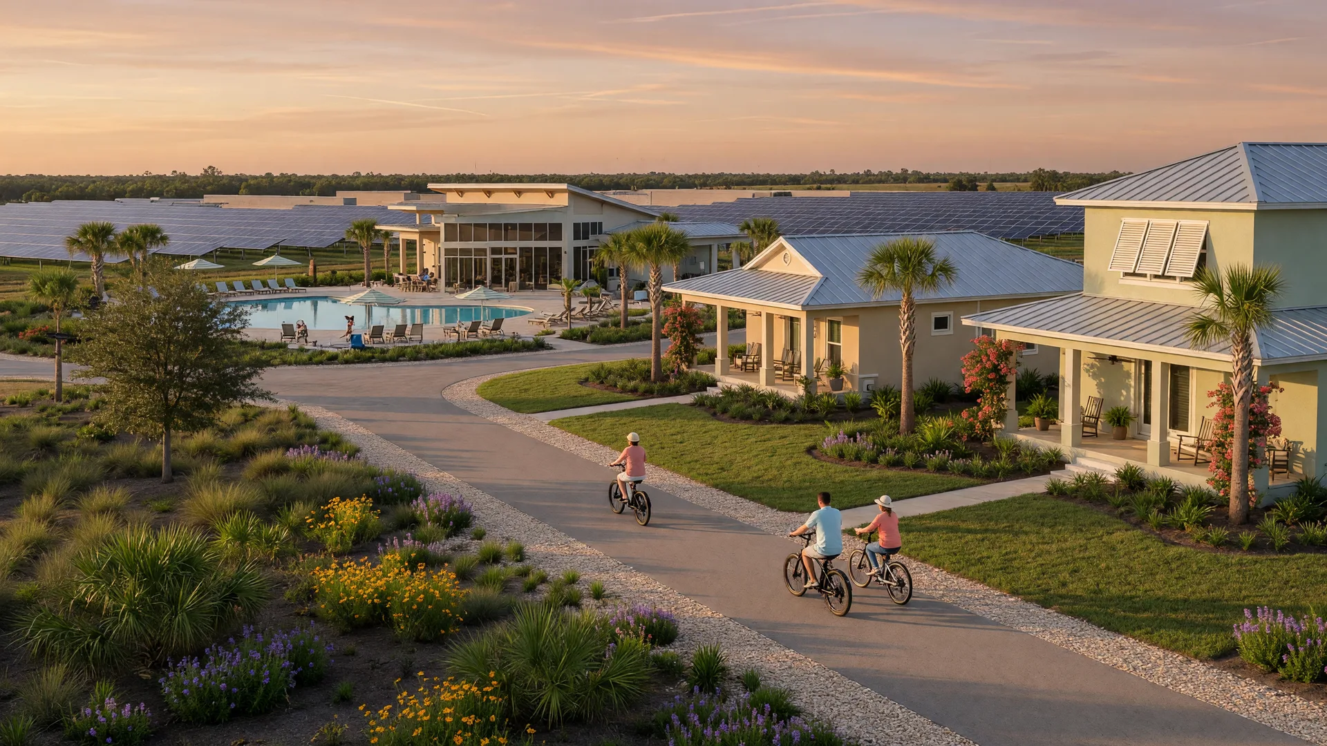 Babcock Ranch, America's first solar-powered town near Punta Gorda, Florida, with solar panels, modern homes with metal roofs, and a walking path at golden hour