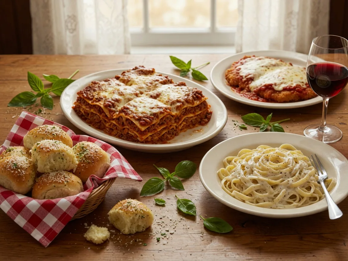 Generous Italian spread at Biba's including fresh-baked garlic rolls, lasagna, chicken parmigiana, and fettuccine alfredo