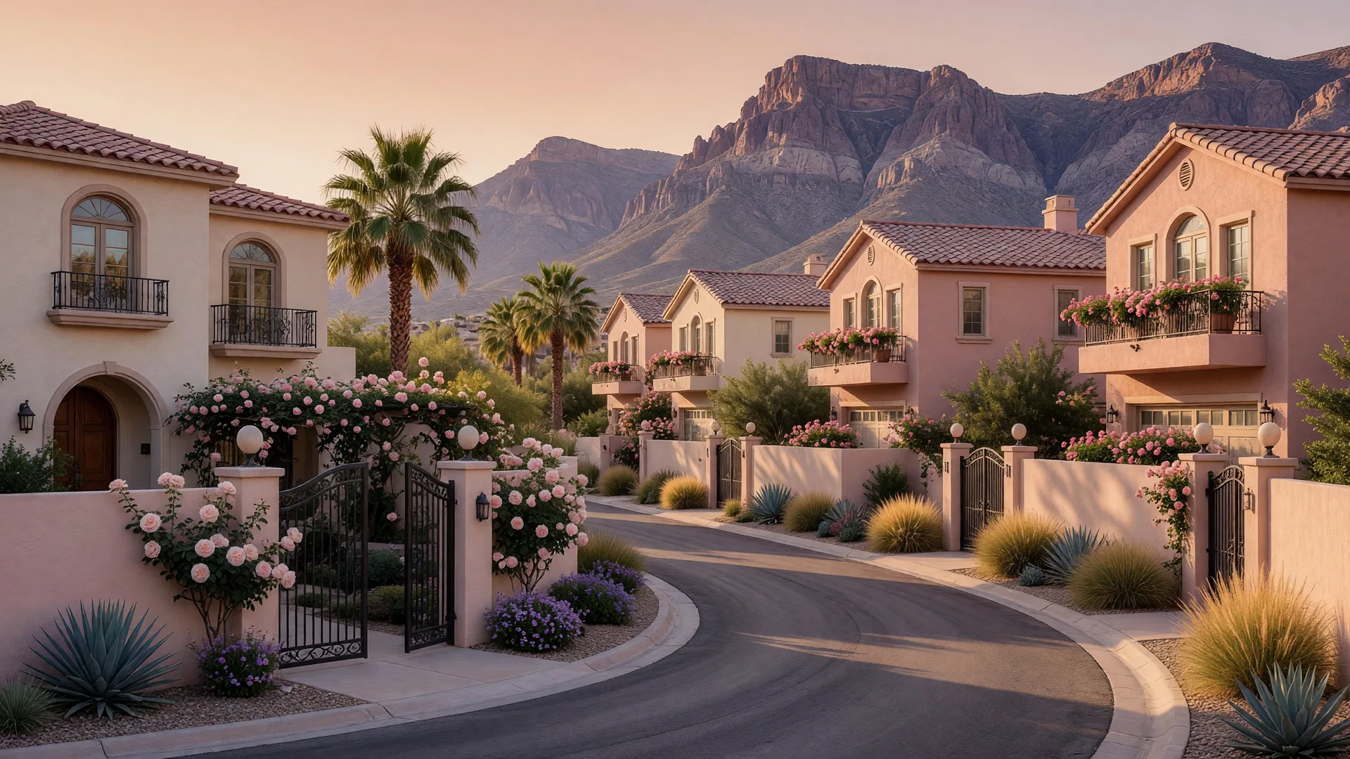 Rose-toned one- and two-story stucco homes with arched windows and wrought-iron details set amid rose gardens and desert landscaping behind a gate wall in a Summerlin enclave