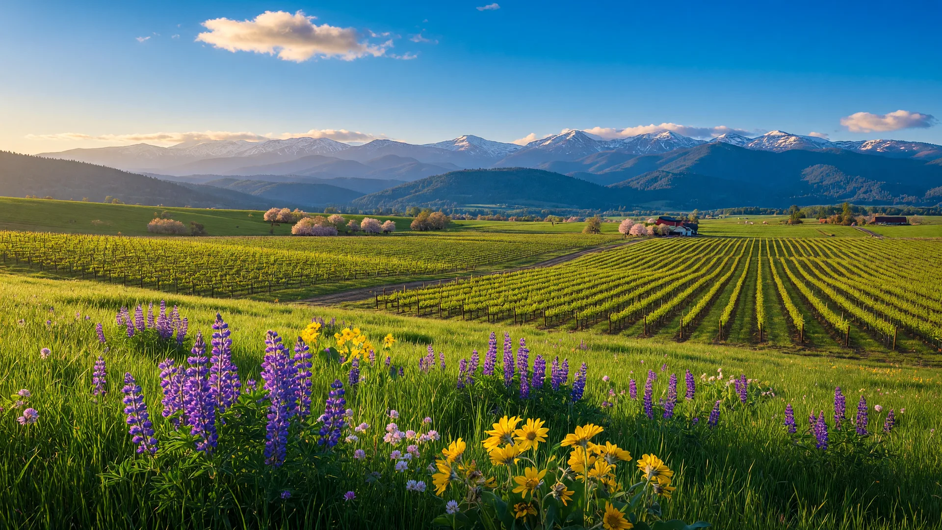 Spring wildflowers and vineyard rows in the green hills of the Rogue Valley