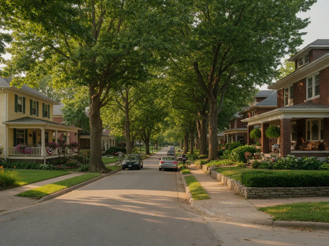 Tree-lined street in an established South Kansas City neighborhood with mature trees and traditional homes