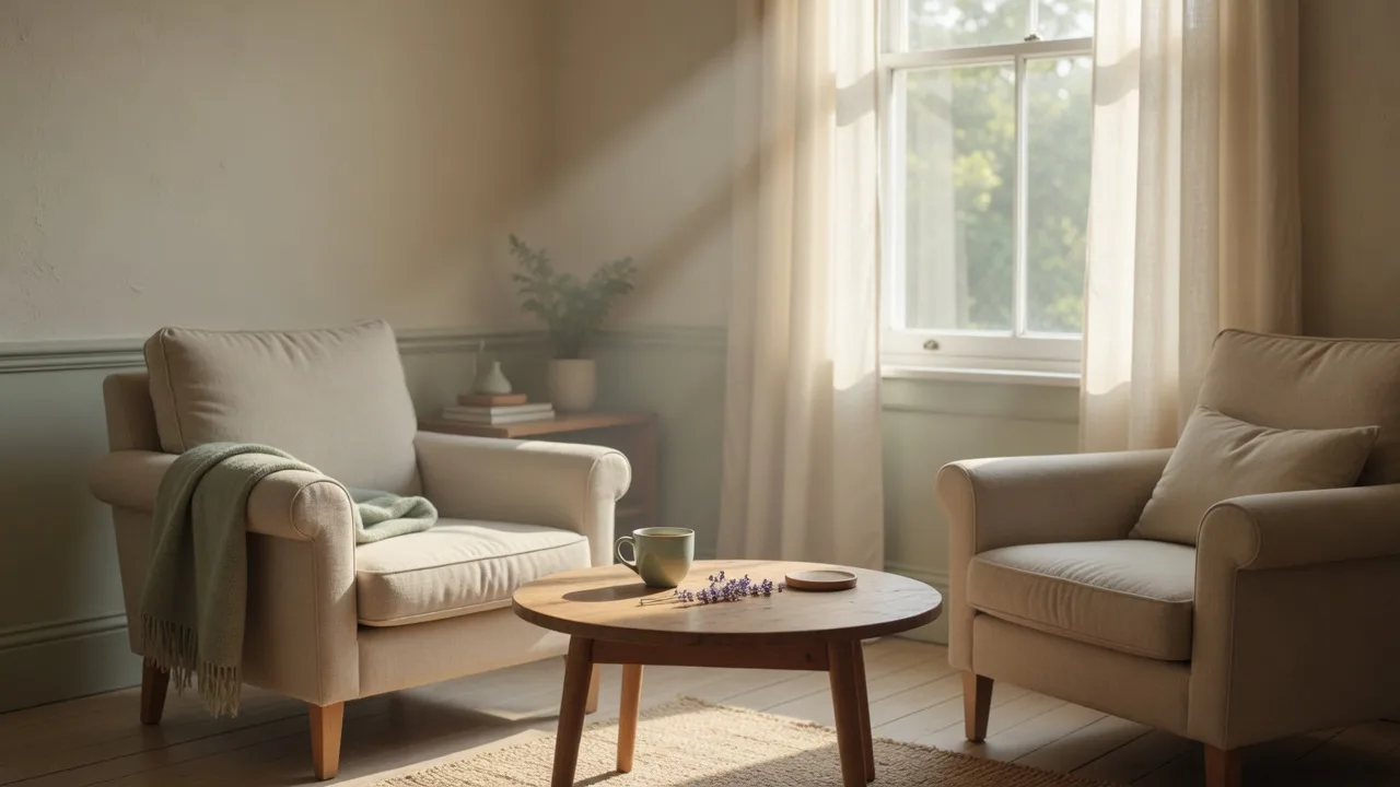 A bright therapy room with two warm linen armchairs facing each other across a low round wooden table holding a small ceramic cup, soft morning light through sheer curtains at a tall window