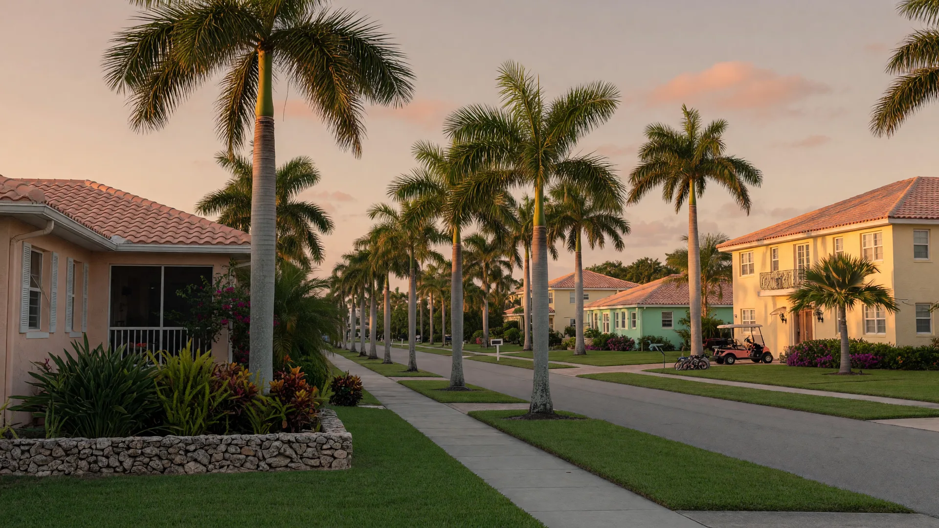 A quiet residential street in Delray Beach, Florida, lined with palm trees at golden hour.