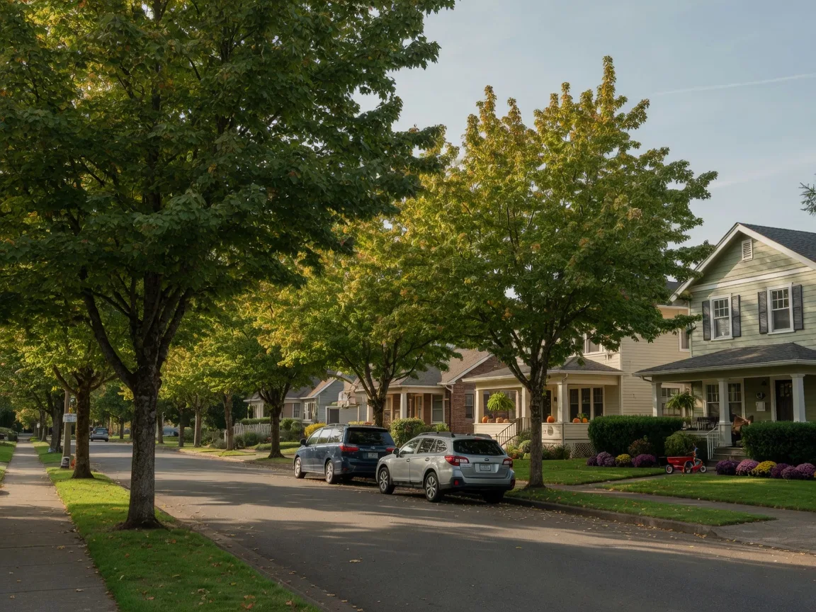 A leafy Hillsboro residential street with mature maples and well-kept family homes in warm afternoon light