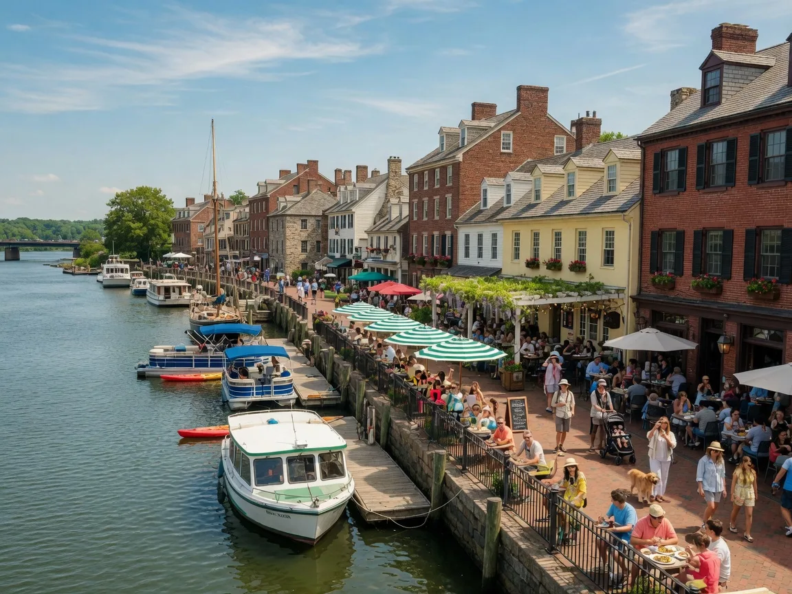 Delaware River waterfront in New Hope with docked boats and dining