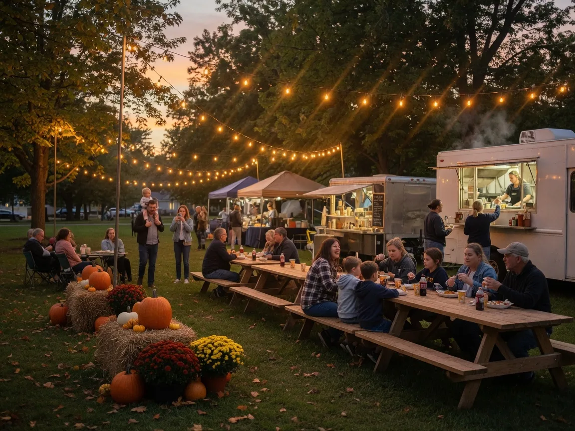 An evening township festival in a park with bistro lights over vendor booths, food trucks, and families at picnic tables in mid-September