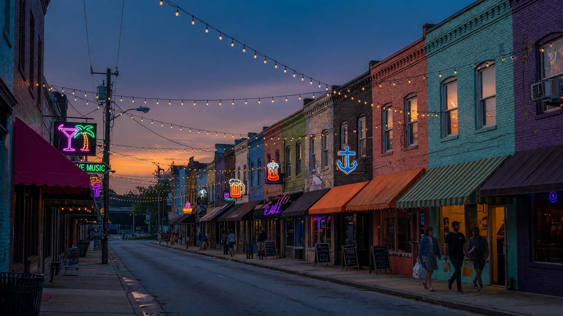 The eclectic storefronts, bars and music venues of the East Atlanta Village at dusk with string lights