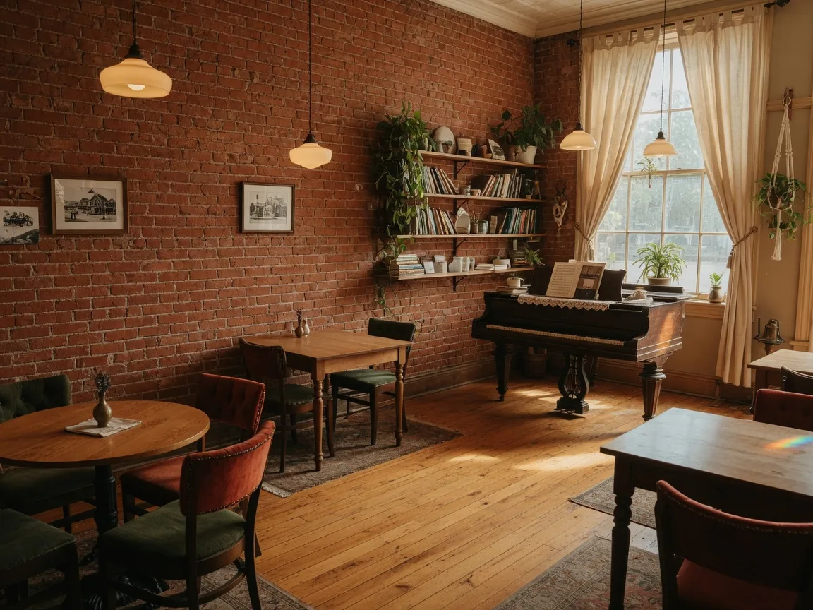 The warm heritage interior of a cafe with exposed brick walls, a vintage piano near a sunny window, and wooden tables set for lunch