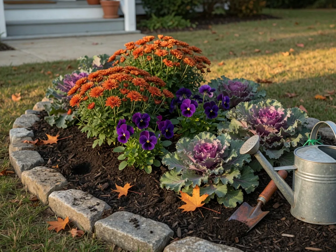 A freshly planted fall garden bed with orange mums, purple pansies, and ornamental kale in a stone-edged Johnston County yard