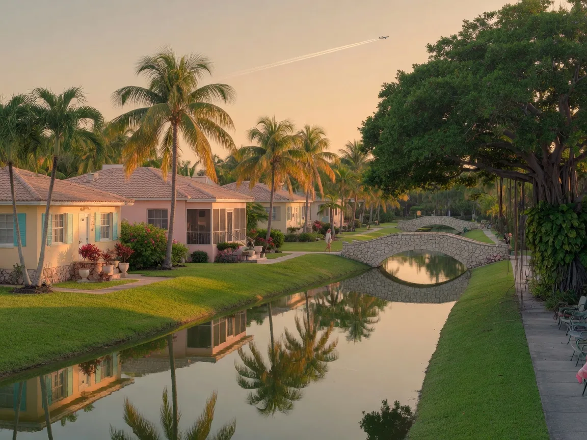 A quiet residential canal street with 1930s cottages and an arched stone bridge at late afternoon