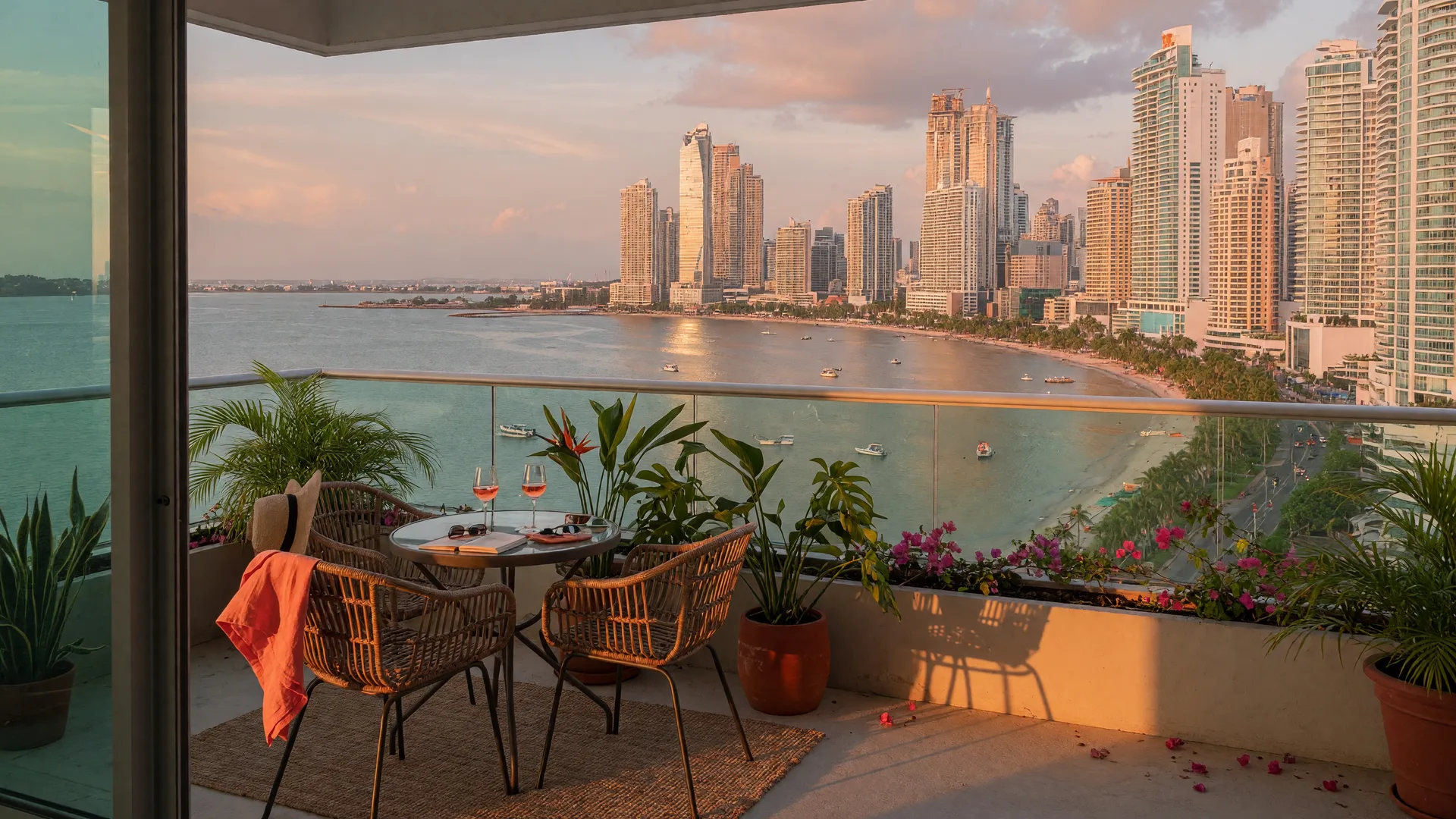 A modern Panama City condo terrace at golden hour with a dining table and tropical plants overlooking the Pacific bay and the city skyline