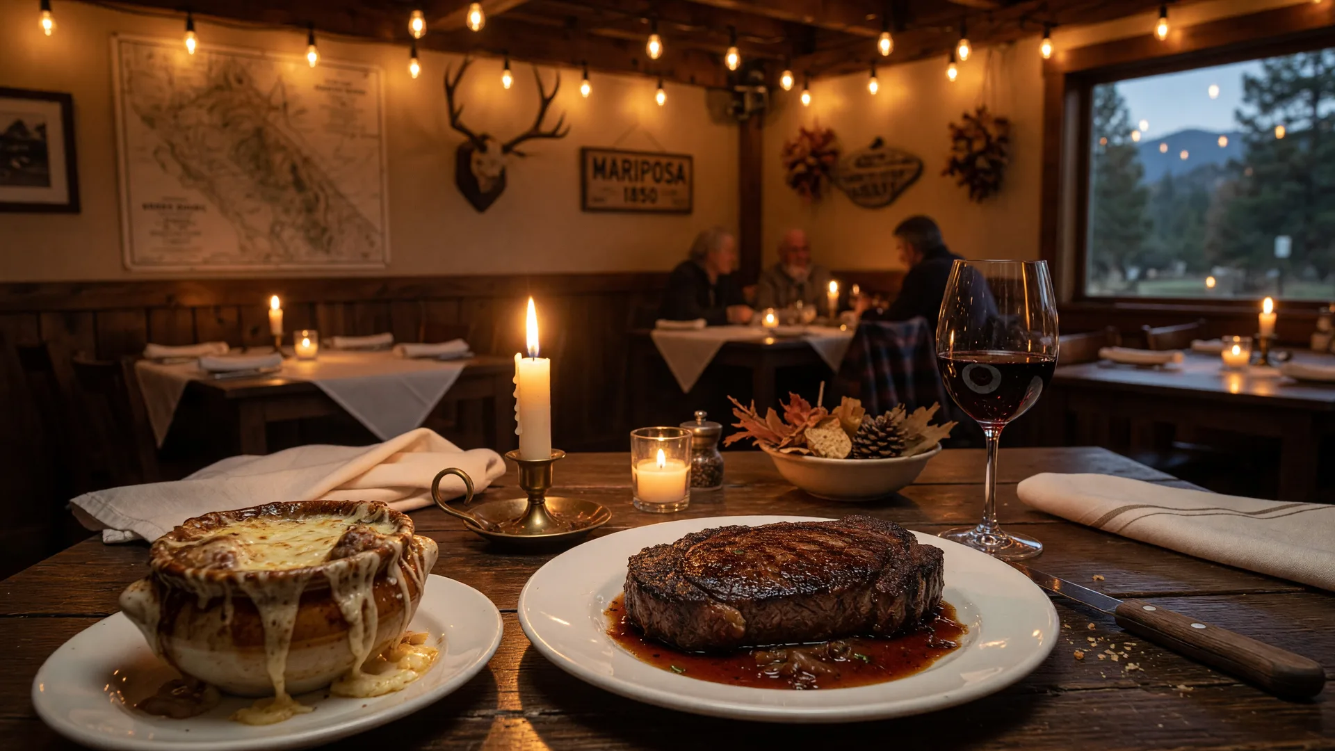 A candlelit dinner table at Charles Street Dinner House in Mariposa with a seared ribeye steak in red wine pan sauce, a glass of red wine, and a bowl of French onion soup with melted Gruyère, set against a cozy dining room glowing with warm Edison bulbs