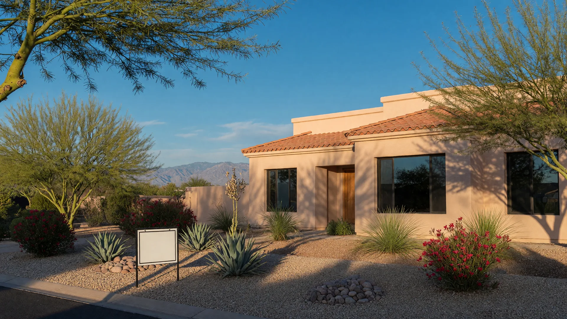 Modern Southwestern home in Gilbert, Arizona on a clear early-fall morning with desert landscaping, a yard sign, and the San Tan Mountains on the horizon