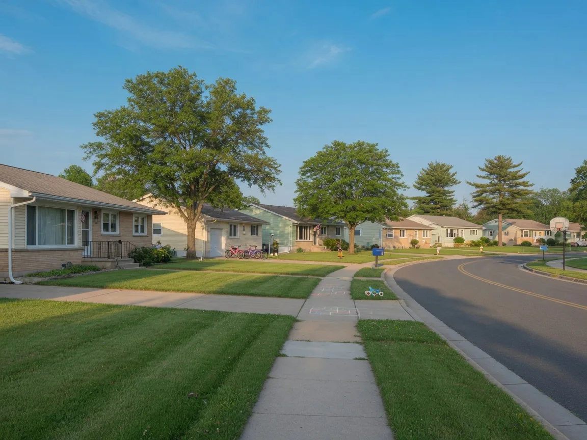 Welcoming suburban neighborhood in Willingboro with ranch homes and green lawns