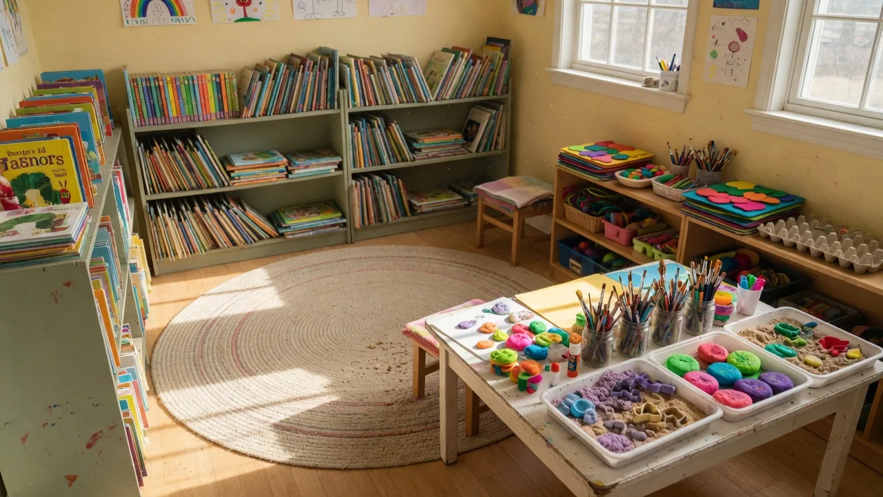 Bright children's library craft room with low picture-book shelves, a craft table with art supplies, and sensory bins