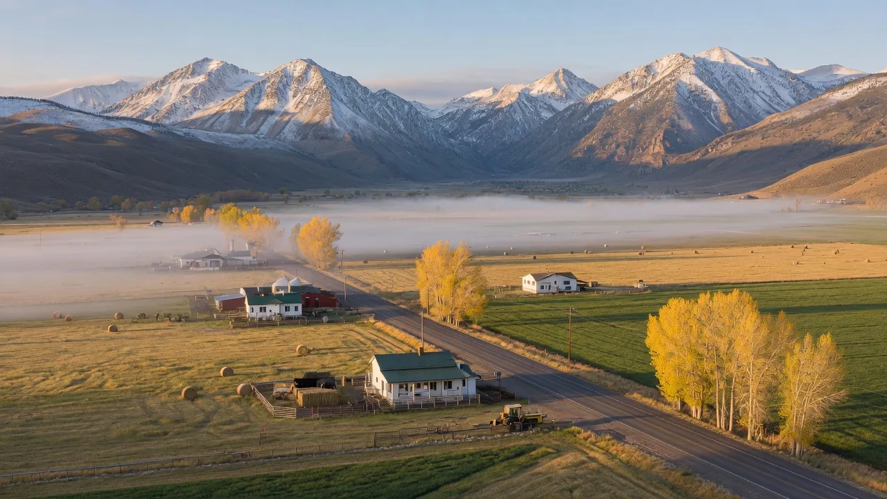 The Carson Valley in Northern Nevada on a clear early-autumn morning,with irrigated hay meadows,a country lane lined with cottonwood trees,and snow-dusted Sierra Nevada peaks behind the valley.