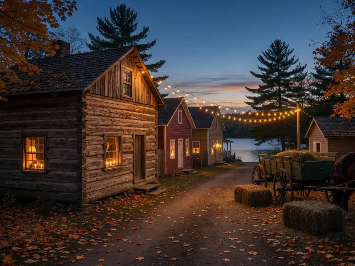 Candlelit log buildings at the Crosslake Historical Society Log Village on a fall evening
