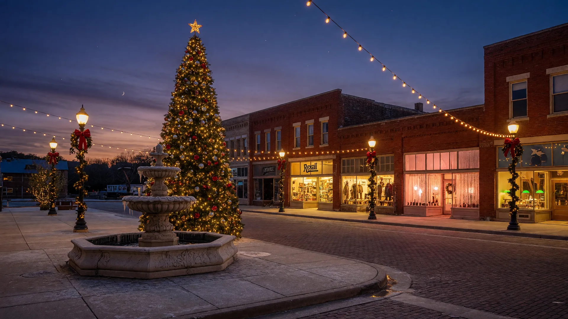 A small Texas town square at dusk with a tall illuminated Christmas tree beside a stone fountain, warm string lights over brick storefronts, and a deep blue twilight sky