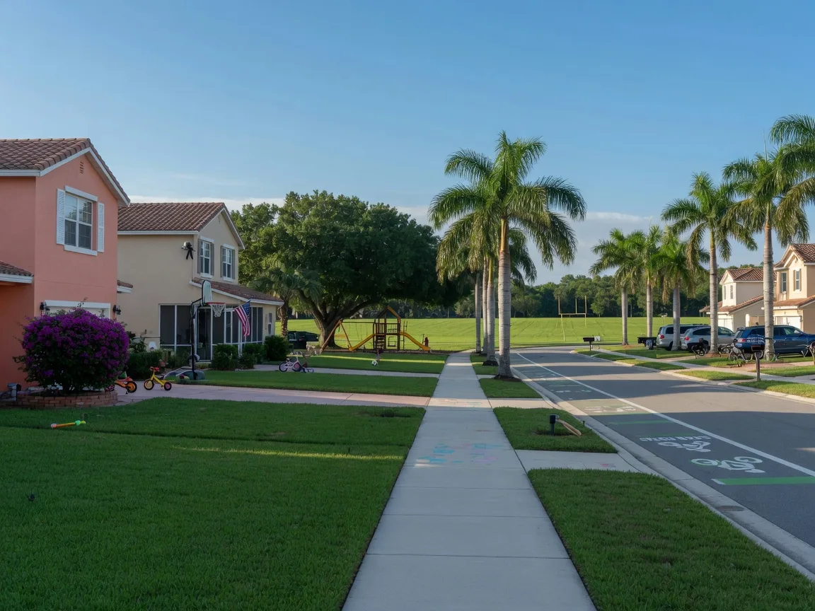 A quiet family-friendly street in Cooper City on a sunny morning, with ranch and two-story homes on generous lawns, a park and palms nearby