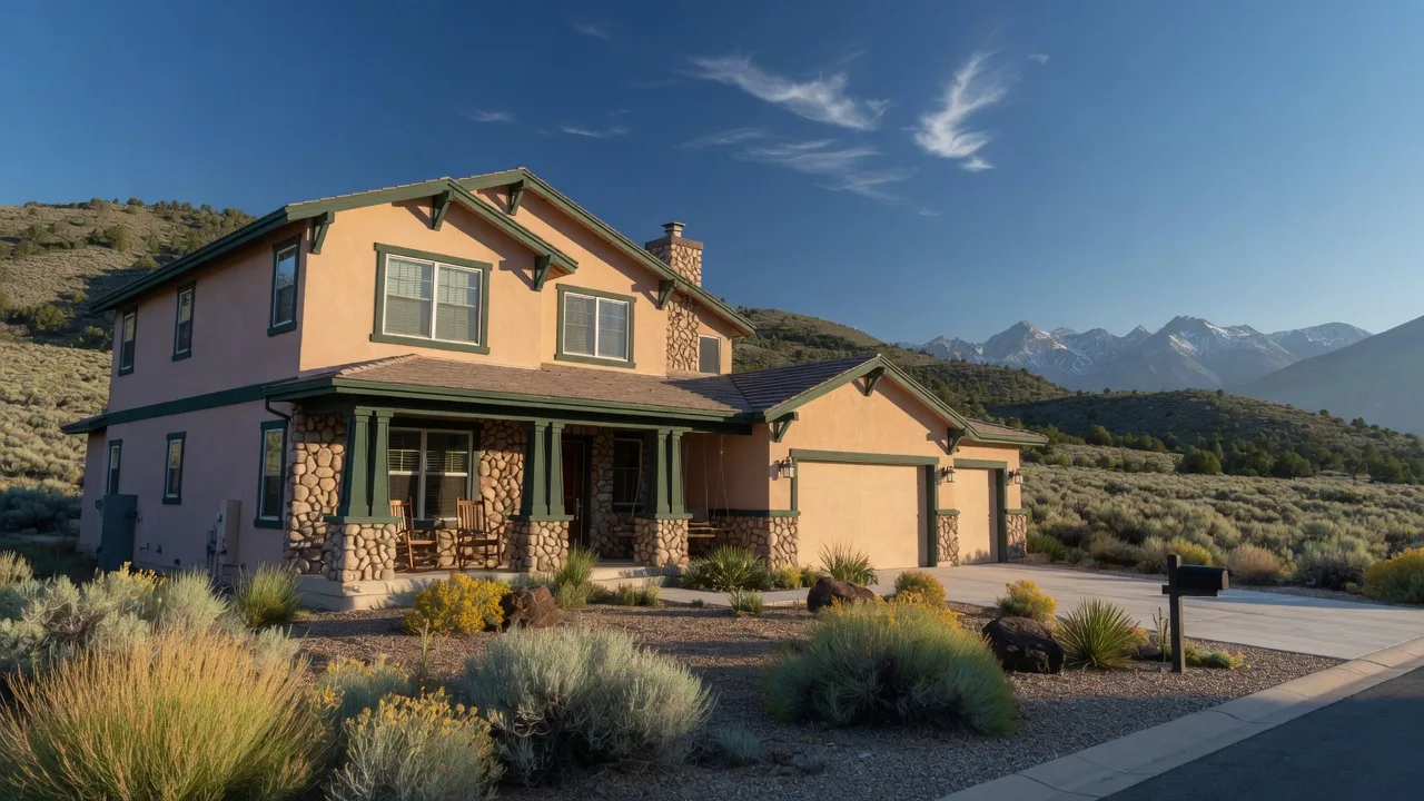 A modern two-story home with stone and stucco siding in Dayton, Nevada's high-desert foothills, with a large attached garage and mountain views.
