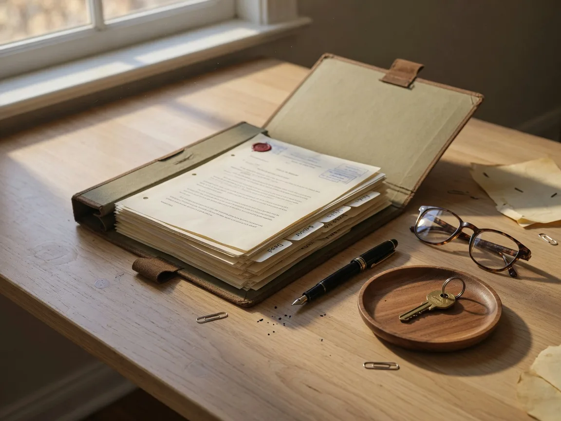 An open accordion folder of estate documents on a tidy wooden desk with a fountain pen, a brass house key on a small wooden tray, and reading glasses in warm late-autumn window light