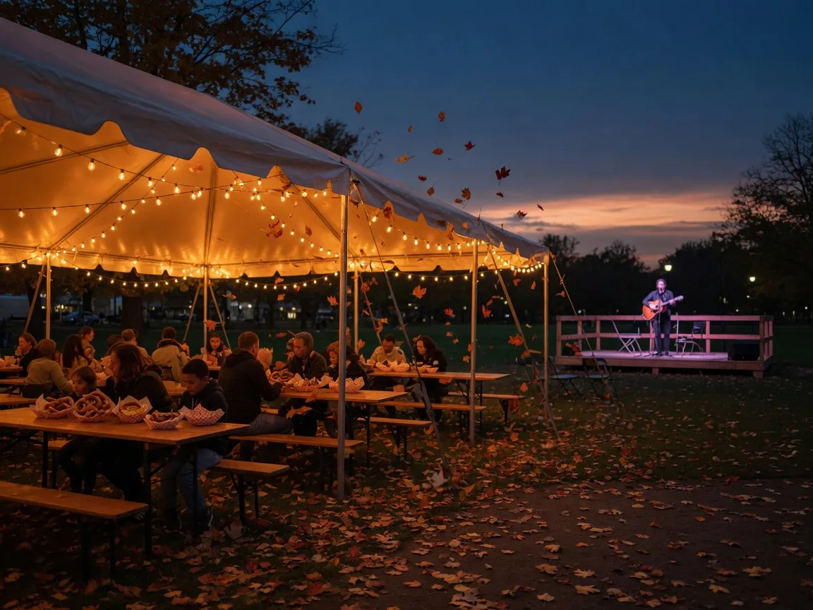 A string-lit beer garden tent with families at long wooden tables at an autumn festival in a town park at blue hour