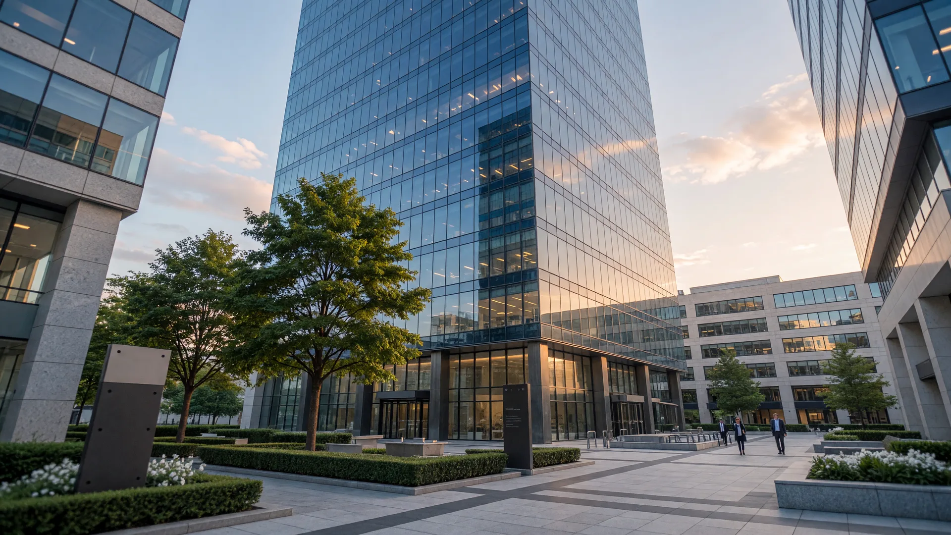 Modern glass office tower at golden hour, representing commercial real estate