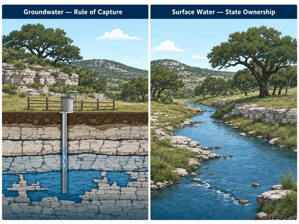 Infographic comparing Groundwter Rule of Capture and Surface Water ownership