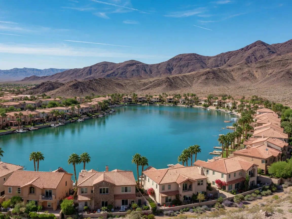 Turquoise lake water with resort homes and mountains at Lake Las Vegas, Henderson Nevada
