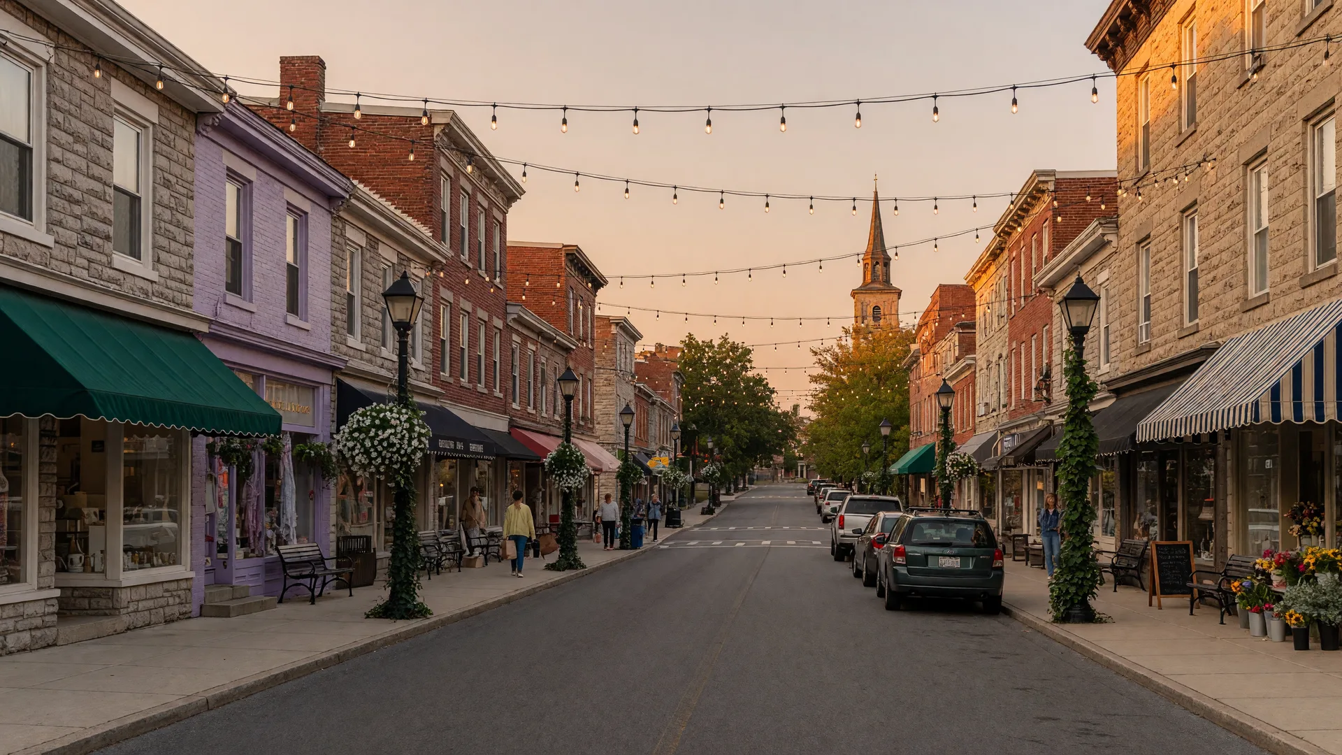 Charming downtown Main Line shopfronts and cafe awnings in Wayne near Radnor