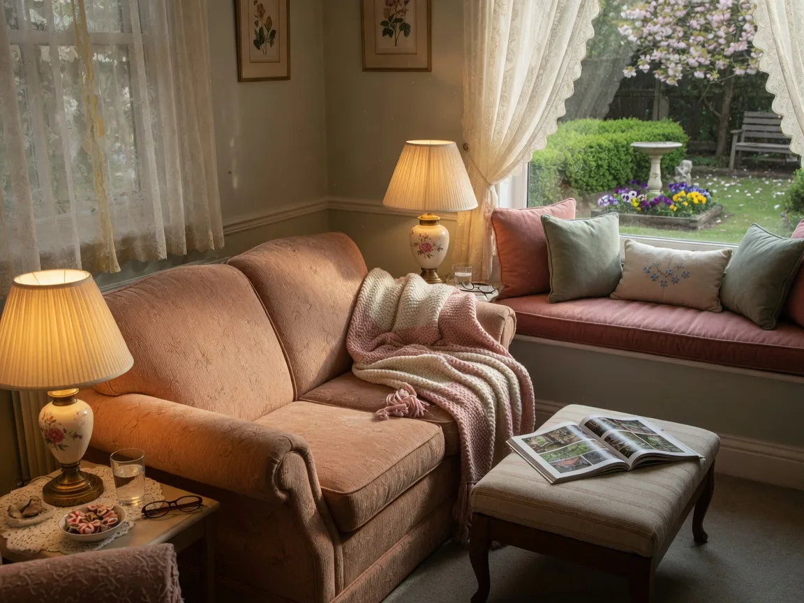 Cozy living room corner in a senior care residence with a loveseat and a window seat overlooking a garden