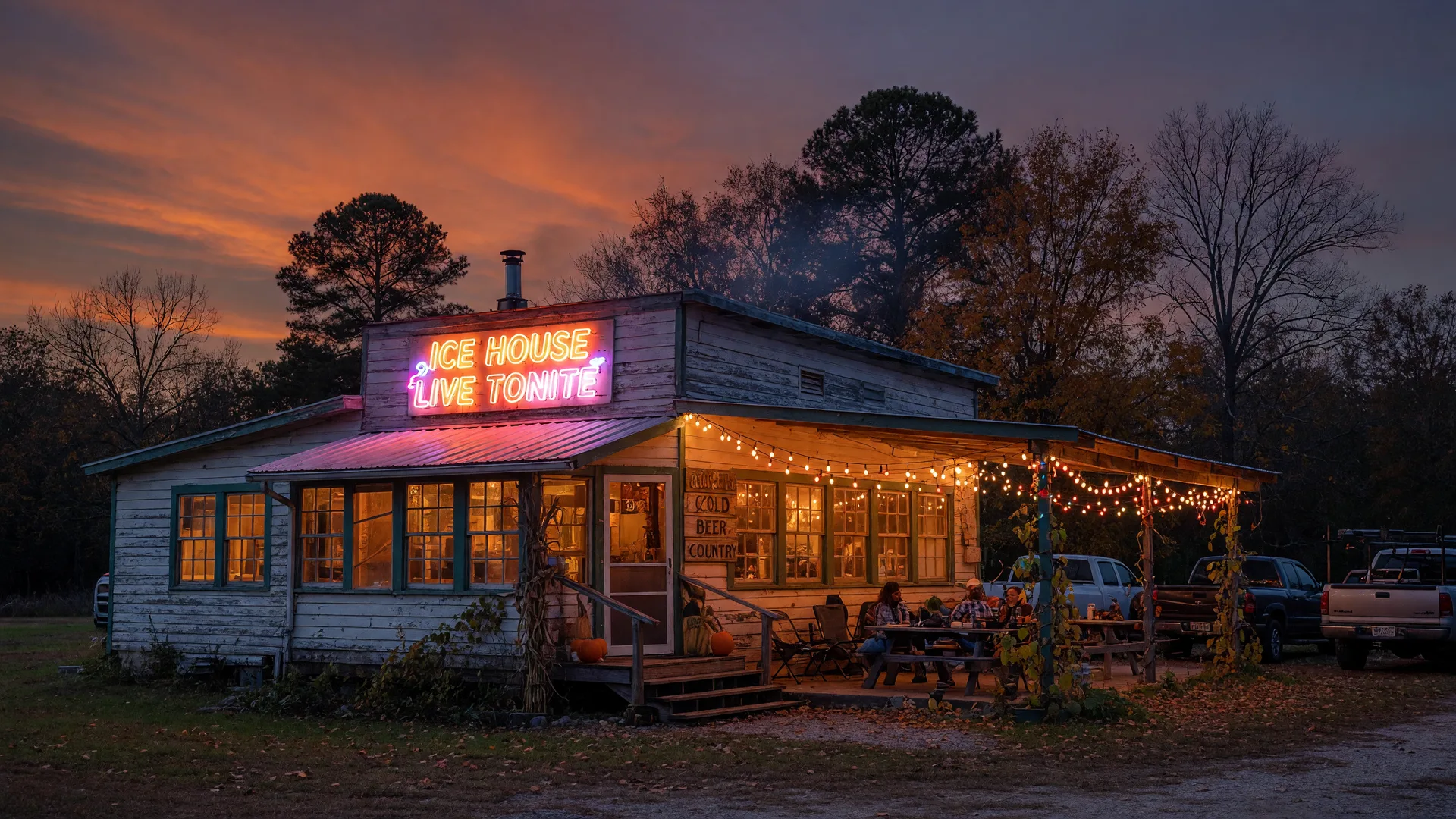 A rustic Texas icehouse on a cool November evening with warm amber light spilling from the windows, a neon sign glowing softly, and string lights across the outdoor patio at dusk