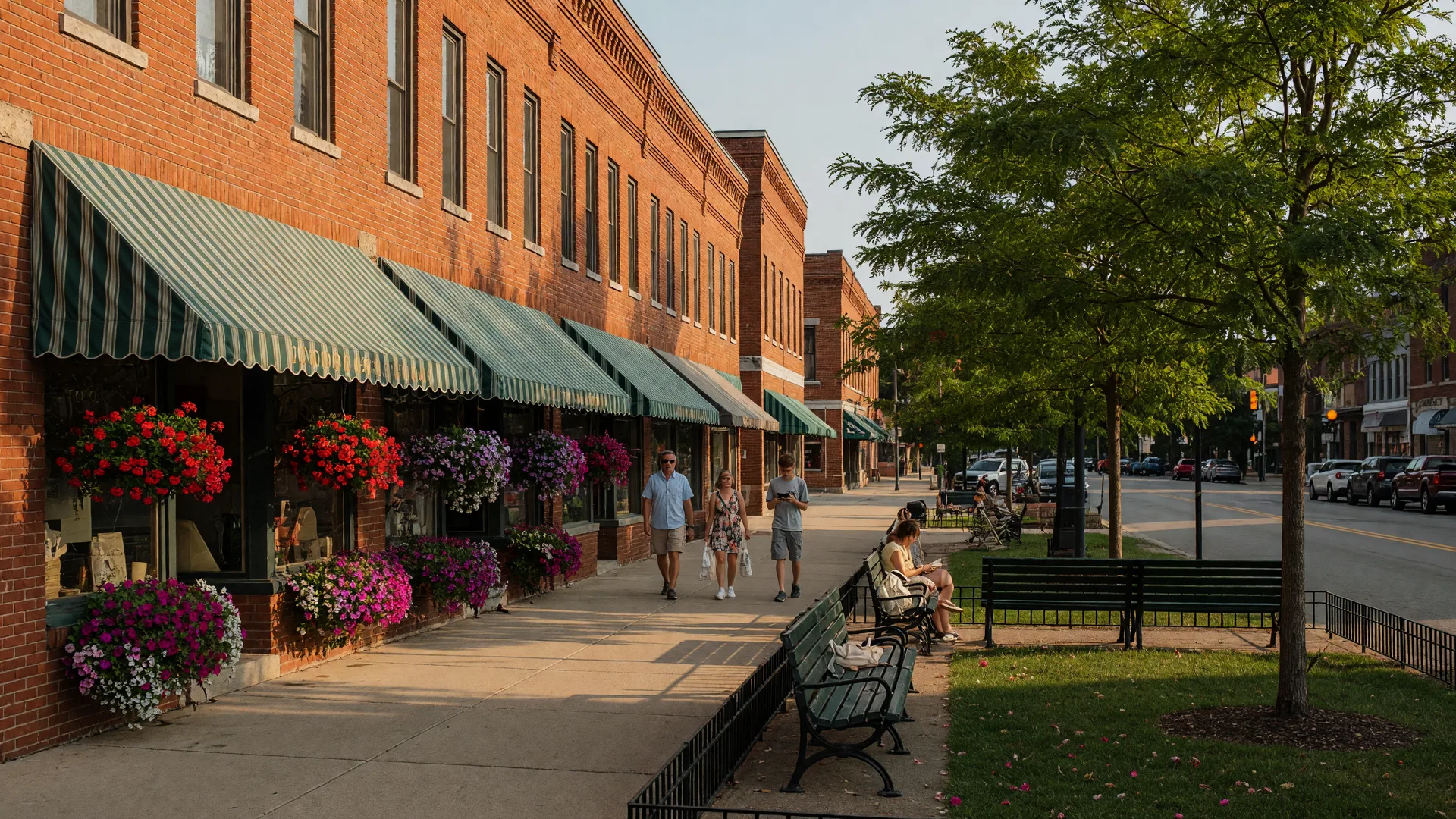 Historic brick storefronts with awnings and flower baskets along Main Street in downtown Chelsea, Michigan