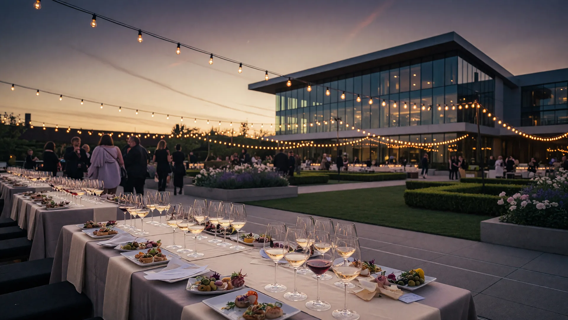 An upscale outdoor wine and food festival at twilight in a modern plaza with long tasting tables, wine glasses, small plates, and Edison bulb lights