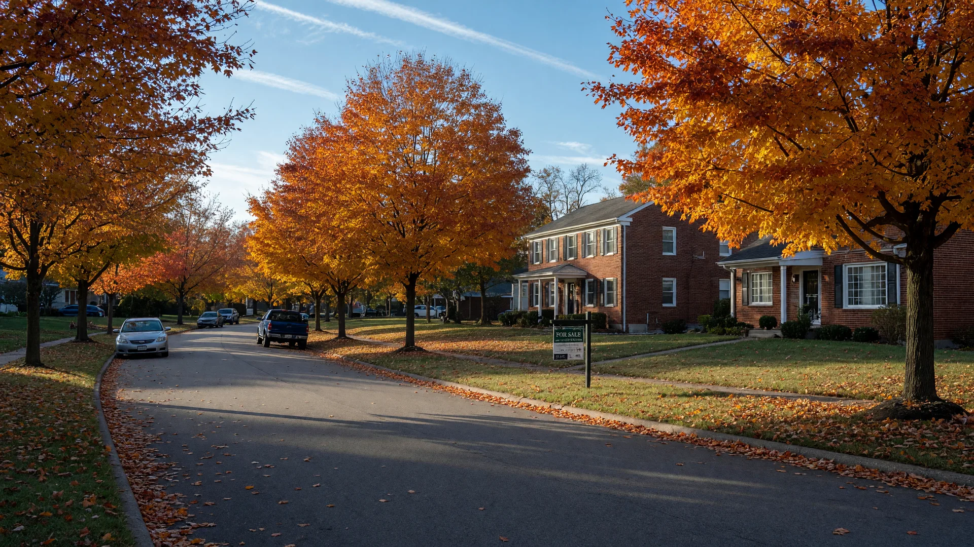 A quiet tree-lined residential street in central Indiana on a crisp autumn morning, with a for-sale sign in a manicured front yard and mature maples showing first fall color