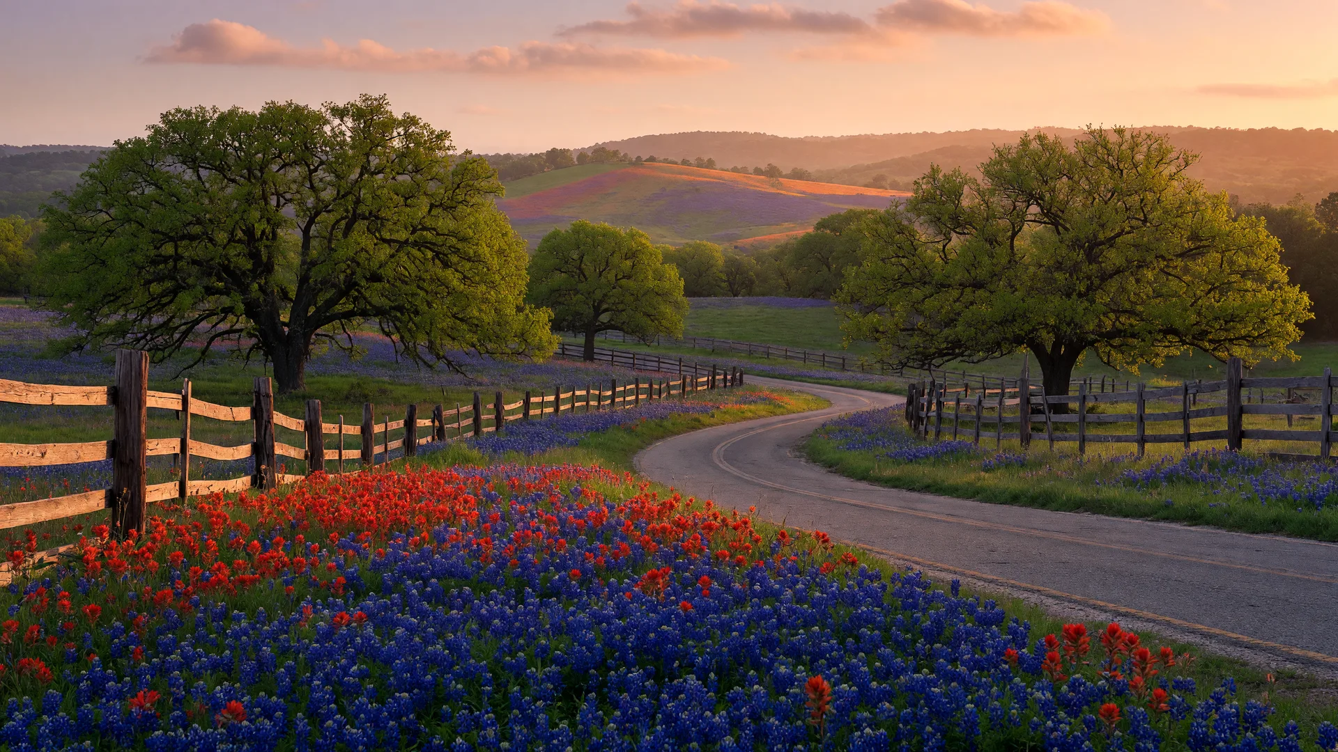 Texas Hill Country wildflower field with bluebonnets and Indian paintbrush at golden hour, winding country road with live oaks and rolling hills