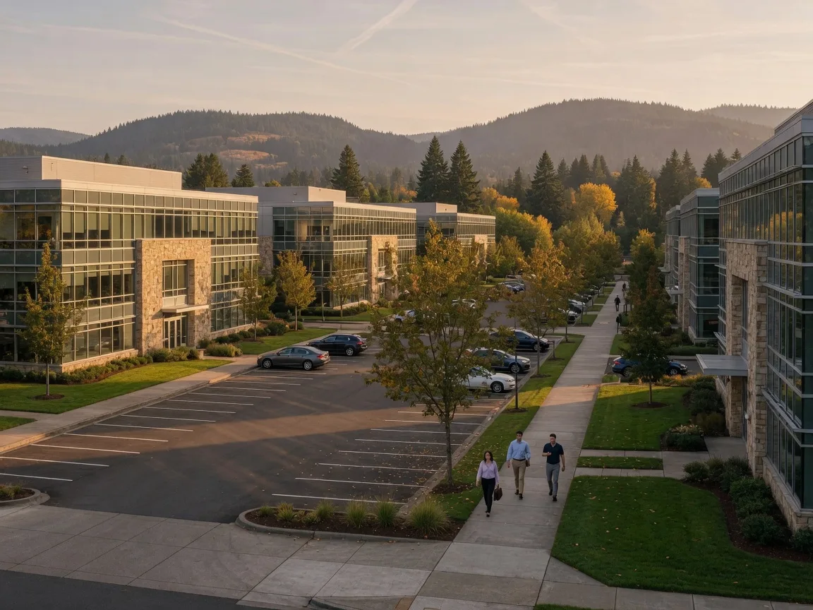 Modern glass and stone office buildings along the Kruse Way corridor in Lake Oswego