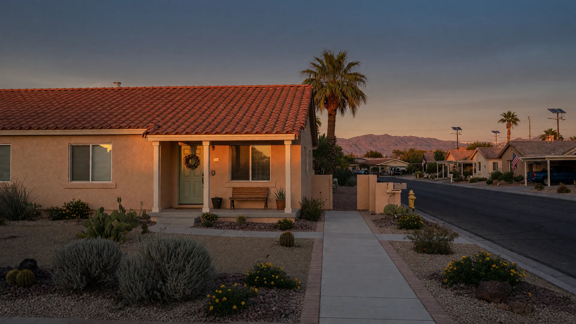 A warm golden-hour view of a welcoming single-story Las Vegas home with desert landscaping and a front porch, the setting for a downsizing roadmap for Las Vegas homeowners 55 and better