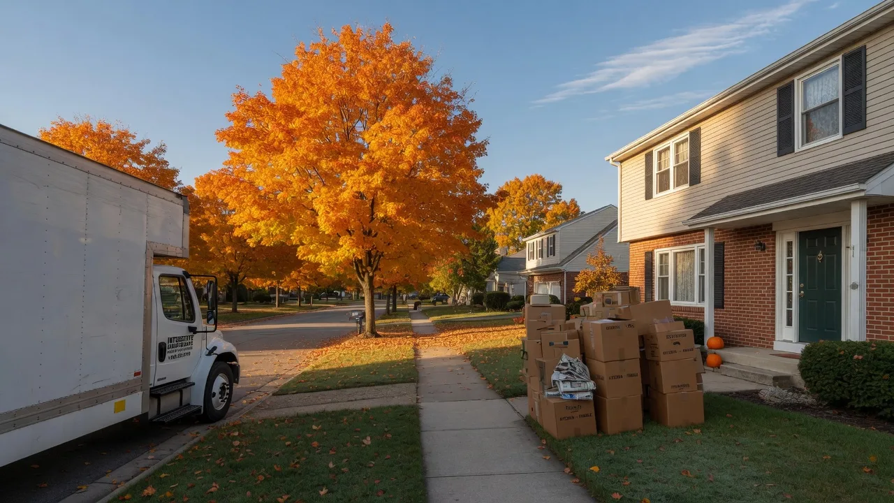 White moving truck parked in front of a brick and siding two-story home on a tree-lined Northwest Indiana street on a crisp October morning, moving boxes by the front walk, and maple trees in orange and gold fall color