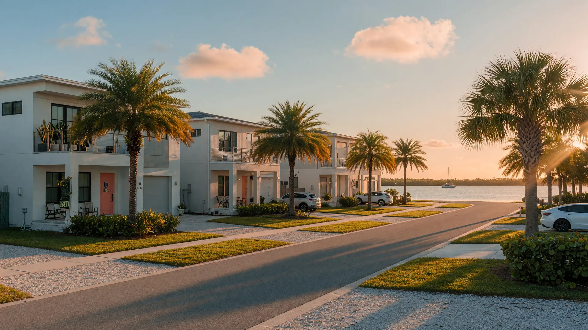Tampa Bay waterfront neighborhood at golden hour with modern homes and palm trees