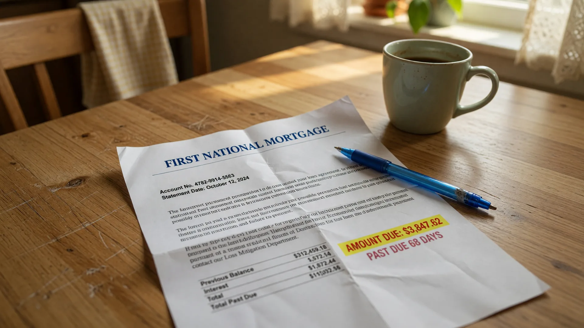 A mortgage past-due notice resting on a kitchen table with a pen, illustrating the foreclosure and short sale process