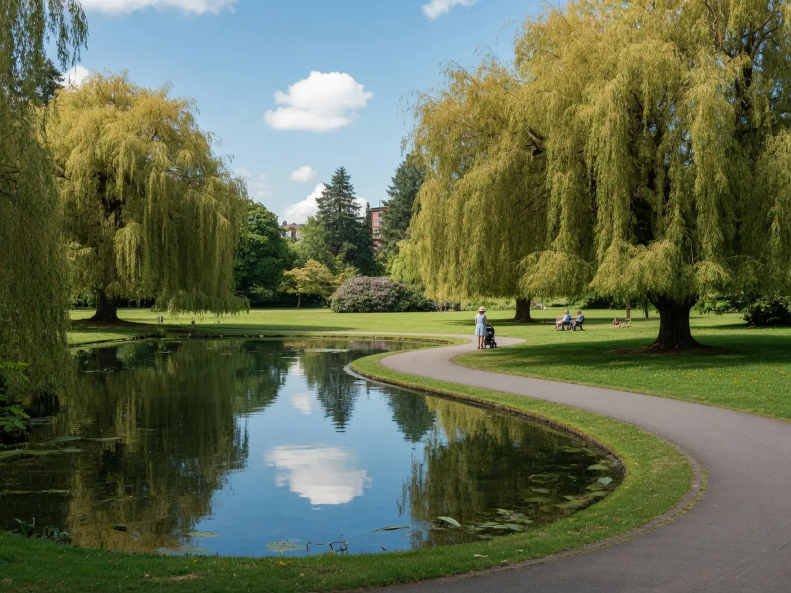 Laurelhurst Park's pond and willow trees with a winding path on a summer afternoon