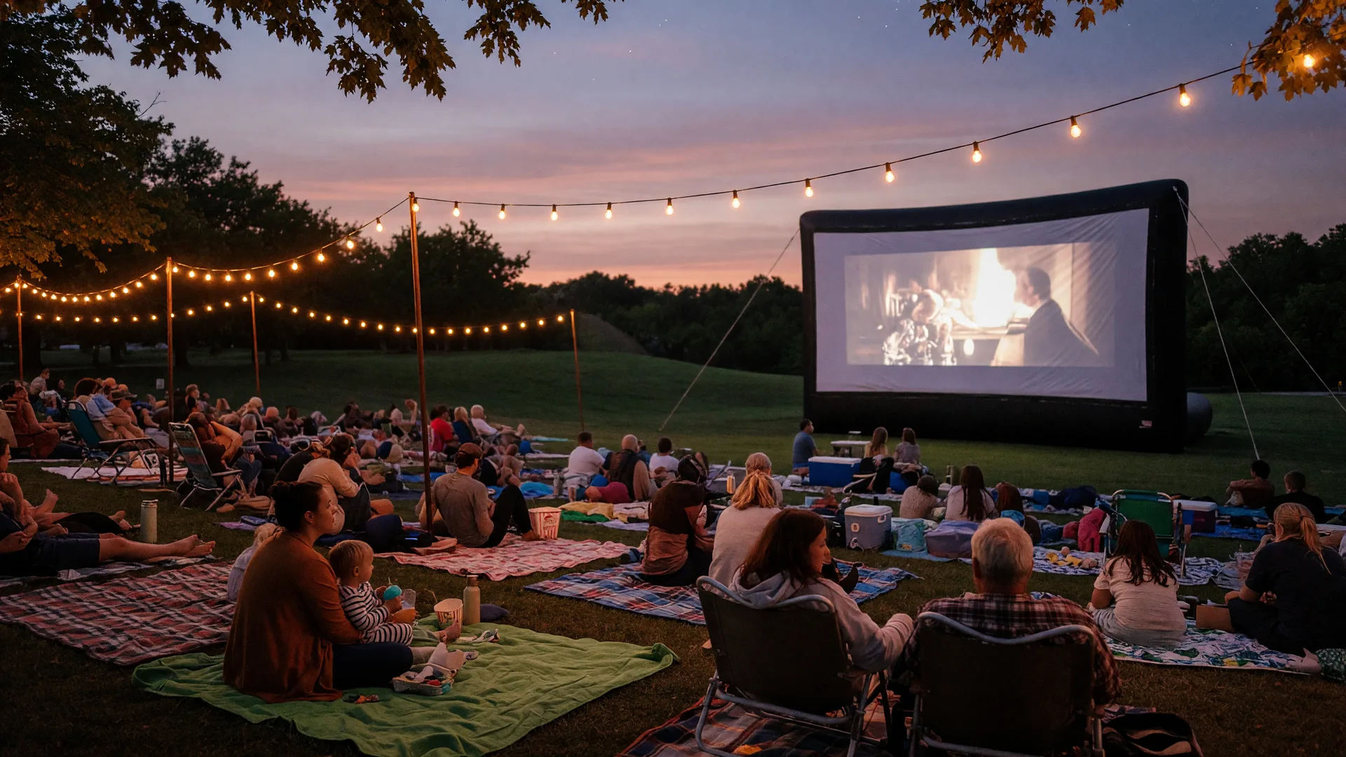 Families on picnic blankets watching an outdoor movie screen at a park amphitheater at dusk