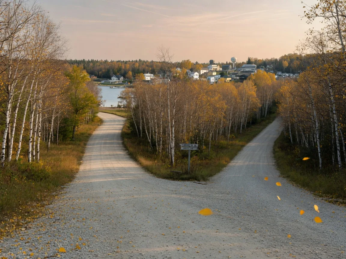 Two diverging gravel roads in central Minnesota in early autumn, one leading toward a small lakeside town with birch trees and the other into open forest, warm golden afternoon light