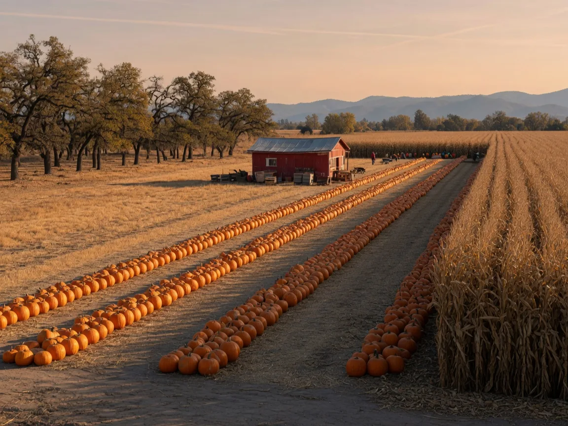 Long rows of pumpkins stretching across a golden Central Valley field at a pumpkin patch on a late September afternoon, a weathered farm stand in the distance, valley oaks along the edge, and the Sierra Nevada foothills hazy on the horizon