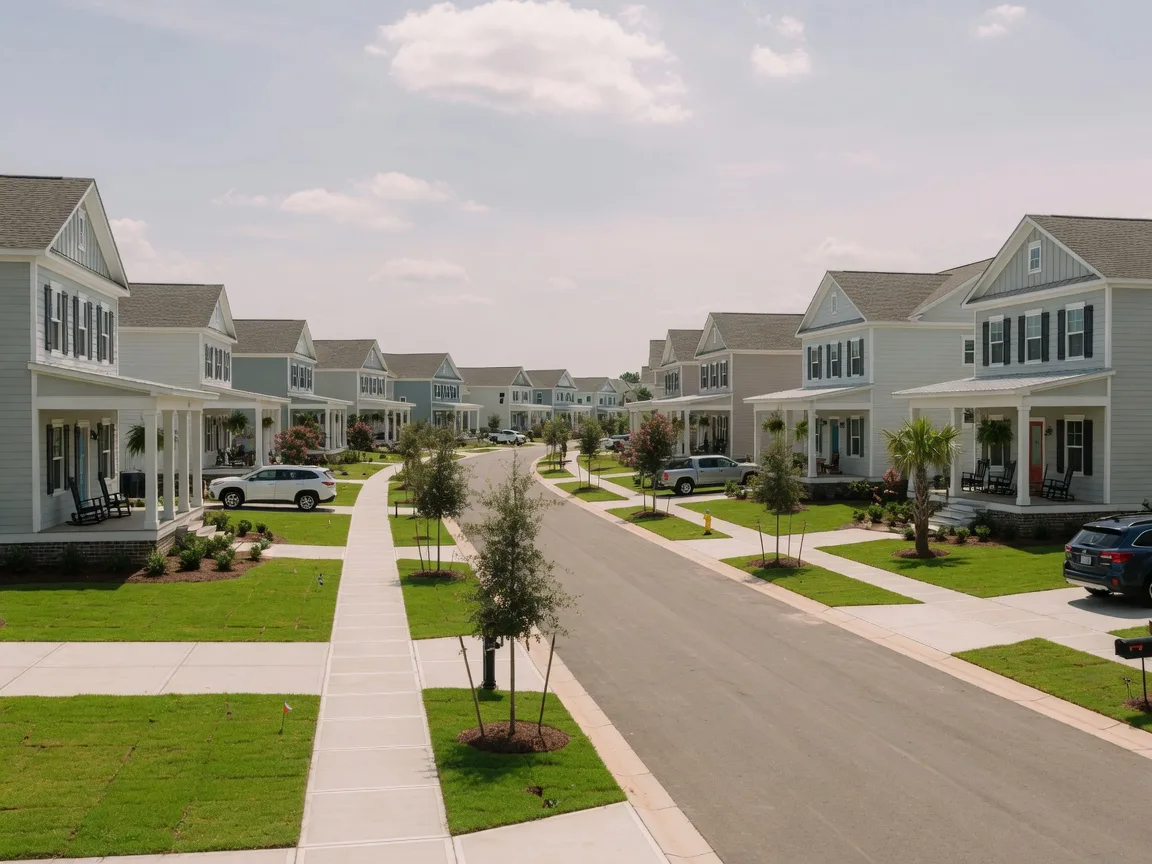 A newer planned community street in the Charleston area with modern single-family homes, front porches, sodded lawns, and wide sidewalks