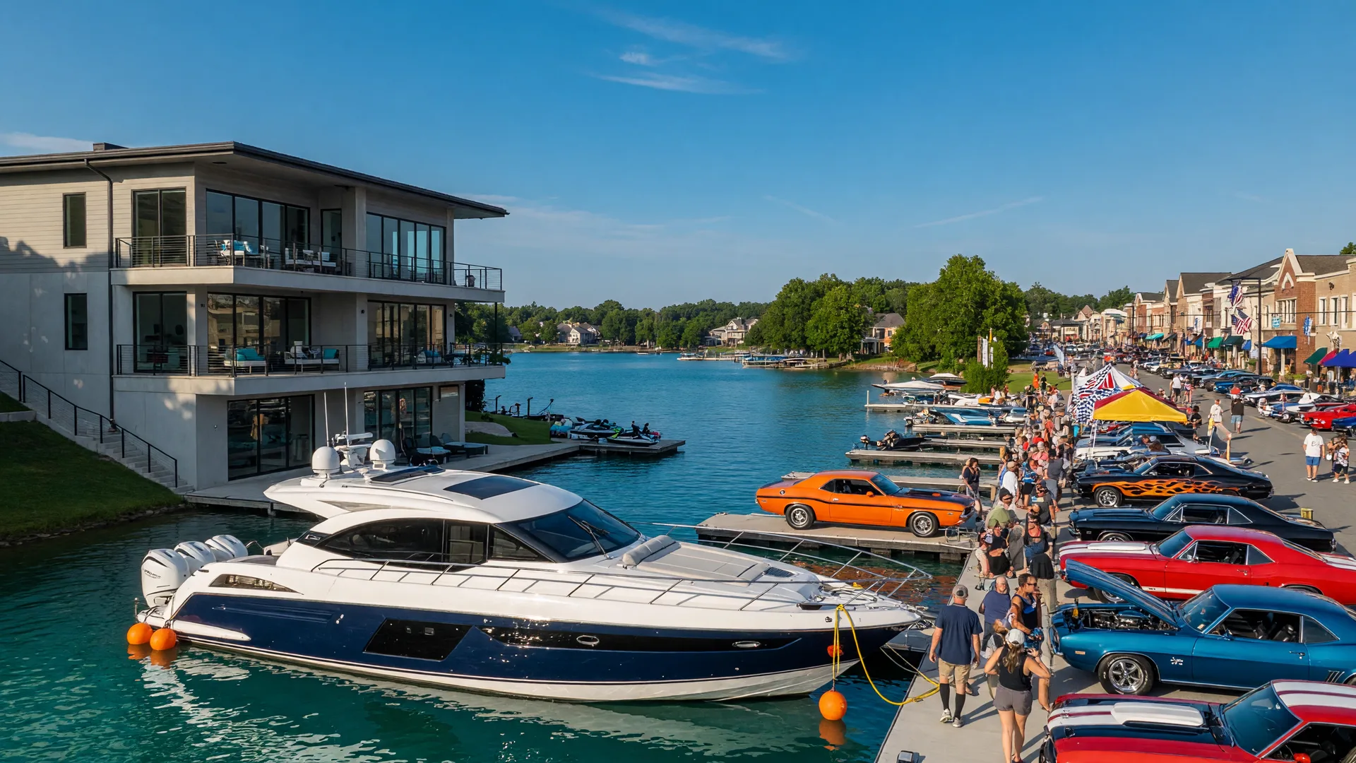 Mooresville NC Lake Norman waterfront with luxury boat and lakeside homes