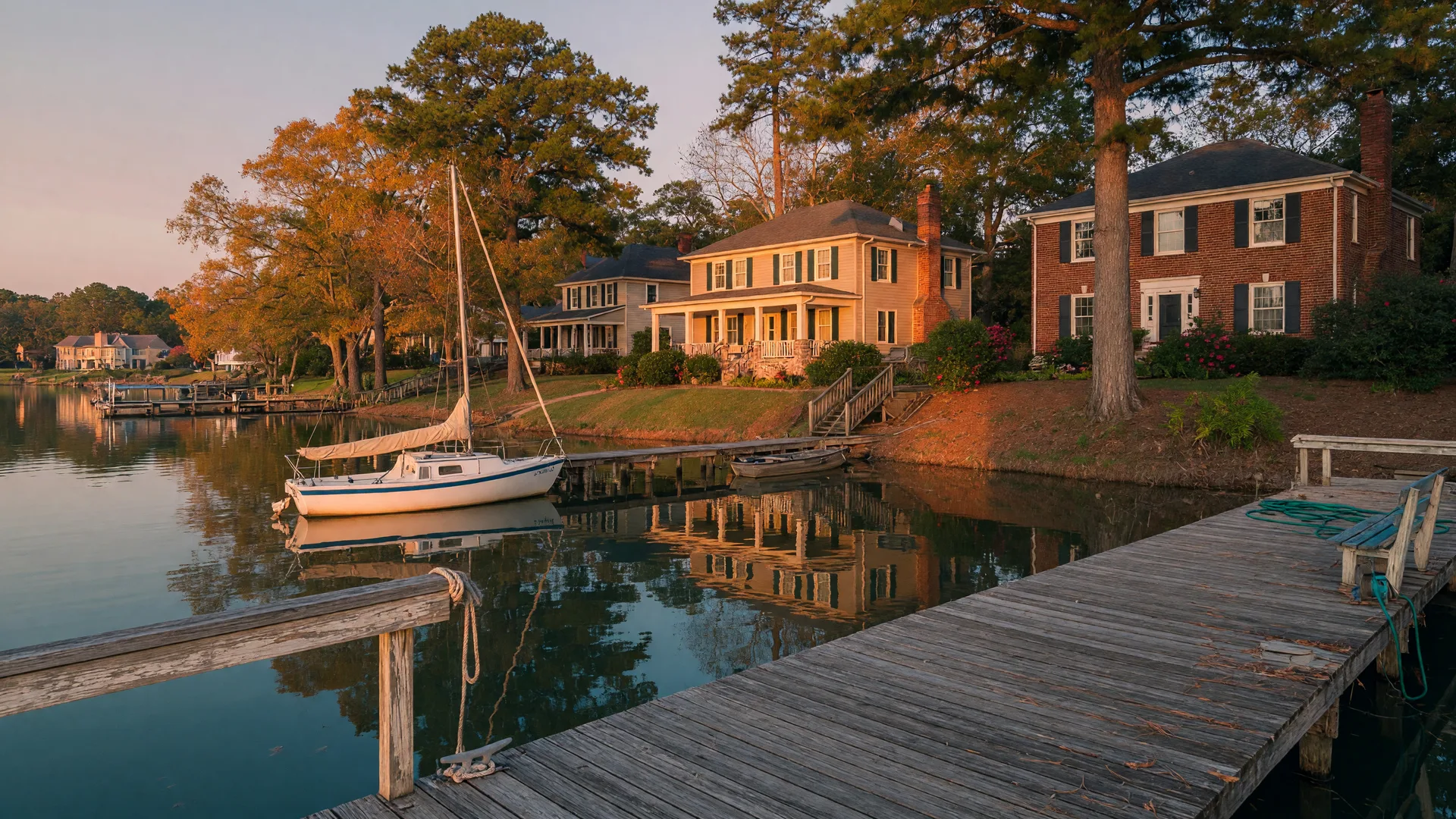 Golden-hour view of a lakeside neighborhood in Lake Norman with a wooden dock, autumn trees, and calm water