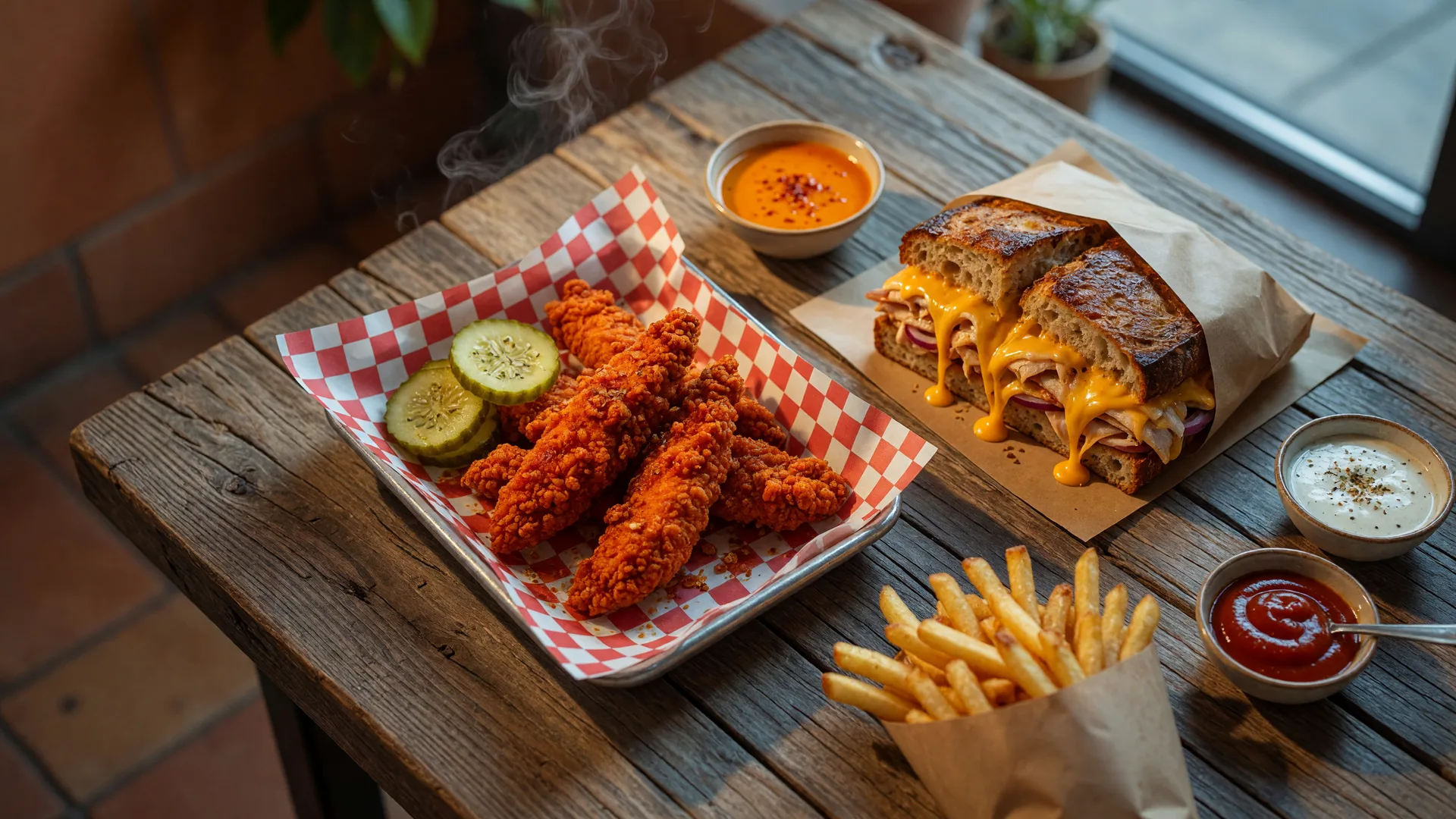 Hot chicken tenders, a sourdough sandwich, and fries on a rustic table at a Santa Clarita eatery
